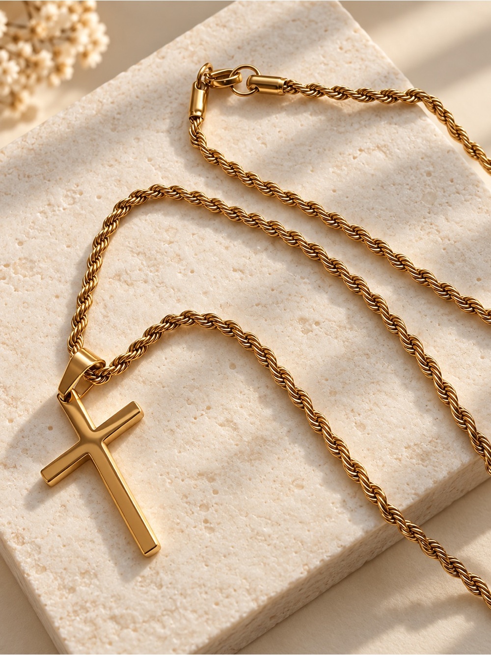 Gold Plated Cross Pendant Rope Chain Necklace Unisex 22 inches